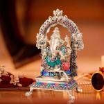 Exquisite Pure Brass Lord Ganesha Idol with Meenakari Stonework - 8" Height