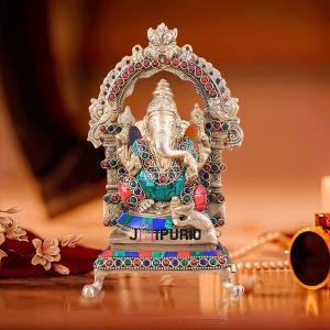 Exquisite Pure Brass Lord Ganesha Idol with Meenakari Stonework - 8" Height