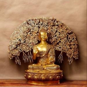 Handcrafted Large Brass Buddha Statue with Bodhi Tree | Premium 42-Inch Spiritual Sculpture | Traditional Buddhist Artistry