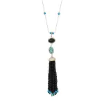 Turquoise and Black Onyx Tassel Necklace | Handcrafted Brass Dual Stone Design | 45 cm Traditional Gemstone Jewelry | Rajasthani Artisan Craft | Jaipurio