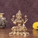 Pure Brass Lakshmi in Lotus Base Idol | 5.5" x 3" x 3" Divine Statue | 1.5 kg Traditional Temple Art | Handcrafted Religious Sculpture | Prosperity Goddess | Jaipurio