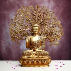 Handcrafted Brass Buddha Statue with Bodhi Tree | Premium 25.3-Inch Spiritual Sculpture | Traditional Buddhist Artistry