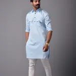 Sky Blue Short Hunting Style Kurta-Pajama Set - Trendy Traditional Menswear