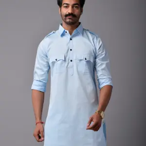 Sky Blue Short Hunting Style Kurta-Pajama Set - Trendy Traditional Menswear