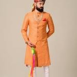 Handmade Royal Orange Brocade Silk Achkan | Elegant Ethnic Wear | Jaipurio