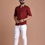 Red Hunting Style Short Kurta | Pure Cotton Premium Ethnic Wear | Classic Men's Formal & Casual Half Kurta | Timeless Design