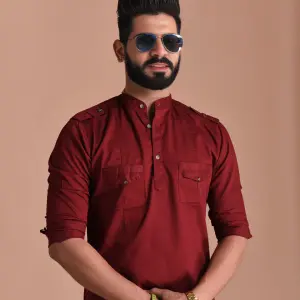 Red Hunting Style Short Kurta | Pure Cotton Premium Ethnic Wear | Classic Men's Formal & Casual Half Kurta | Timeless Design