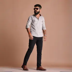 Light Grey Glaze Cotton Hunting Style Short Kurta | Premium Fabric Ethnic Wear | Classic Men's Formal & Casual Half Kurta | Timeless Designlight-grey-glaze-cotton-hunting-short-kurta