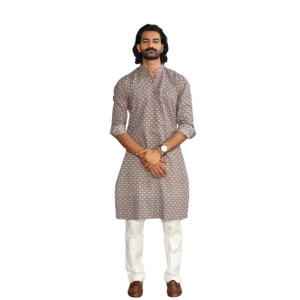 Tawny Brown Sanganeri Scales Print Kurta White Pyjama - Authentic | Jaipurio