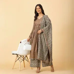 Elegant Cedar Brown Printed Sanganeri Kurti-Palazzo Set | Traditional Hand Block Print | Premium Cotton | Ethnic Indian Wear | Size XS-XXL | Jaipurio