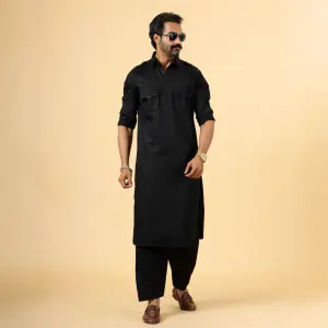 Classy Black Pathani Kurta-Salwar Set | Premium Cotton Traditional Ethnic Wear | Luxury Men's Formal & Festive Ensemble | Timeless Design