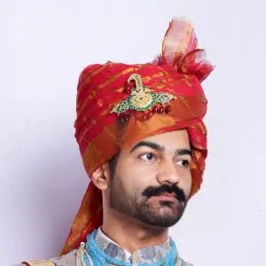 Groom's Red Doriya Safa - Traditional Wedding Turban | Authentic Rajasthani Pagdi