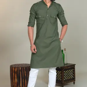 Moss Green Short Collared Hunting Style Kurta Pajama Set for Men