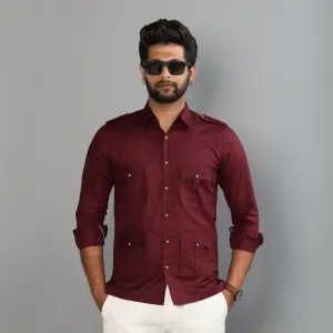 Premium Maroon Turkish Linen Hunting Shirt | Classic Collar, Double Pockets | Breathable Summer Comfort | S to XXL Sizes | Handcrafted Quality Menswear