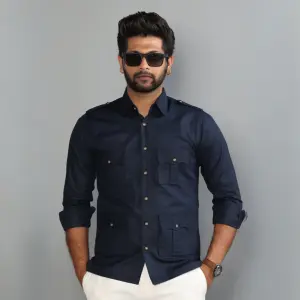 Premium Navy Blue Turkish Linen Hunting Shirt | Classic Collar, Double Pockets | Breathable Summer Comfort | S to XXL Sizes | Handcrafted Quality Menswear