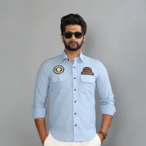 Designer Sky Blue Patchwork Shirt | Unique Artisanal Design, Cotton Comfort | Handcrafted Contemporary Style | S to XXL Sizes | Premium Casual Menswear