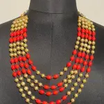 Handmade Royal Golden Pearl Kantha Mala with Orange Stones | Regal Ethnic Necklace | Jaipurio