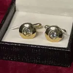 Golden Round Cufflinks with Silver Stone | Premium Metal Design, Dual-Tone Elegance | Men's Formal & Wedding Accessories | Perfect Gift Choice