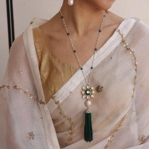 Green Jharokha Tassel Necklace | Sterling Silver Carved Stone Jewelry | Firdaus Collection Traditional Mughal Design | Heritage Necklace | Jaipurio