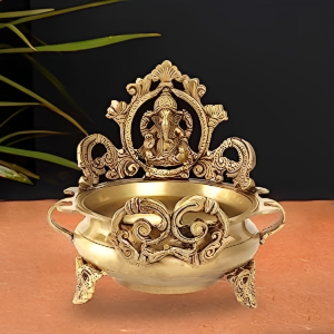 Brass Ganesha Carved Urli | Ethnic Temple Water Bowl | Traditional Sacred Basin | Divine Home Decor | Auspicious Ritual Vessel