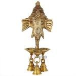 Brass Ganesha Wall Hanging Oil Lamp | Traditional Three Diya with Bells | Temple Wall Decor | Handcrafted Sacred Art | Divine Home Blessing