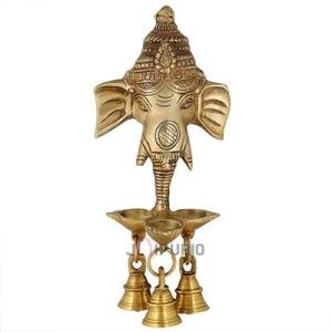 Brass Ganesha Wall Hanging Oil Lamp | Traditional Three Diya with Bells | Temple Wall Decor | Handcrafted Sacred Art | Divine Home Blessing