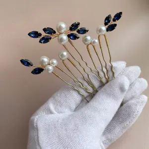 Blue Pearl Wedding Hair Pins | Something Blue Bridal Hair Accessories | Navy Bridesmaid Hair Pieces | Traditional Wedding Hair Jewelry