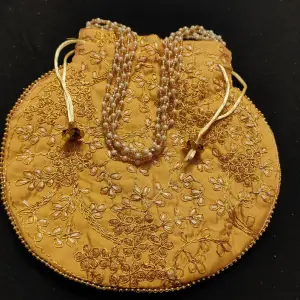 Indian Gold Potli Bag: Jaipuri Thread Embroidered Purse | Traditional Rajasthani Handmade Bag | Decorative Evening Clutch | Ethnic Fashion Pouch