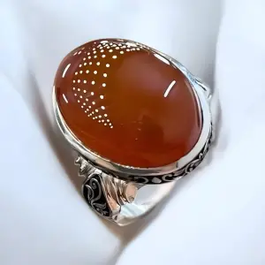 Natural Yemeni Agate Ring: 925 Silver Aqeeq Stone Ring for Men | Traditional Middle Eastern Design | Authentic Handcrafted Jewelry | Yellow Agate Stone