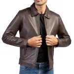 Men's Brown Lambskin Polo Collar Jacket: 60s Vintage Style Leather Coat | Handmade Old-School Design | Classic Chocolate Brown | Retro Fashion