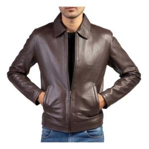 Men's Brown Lambskin Polo Collar Jacket: 60s Vintage Style Leather Coat | Handmade Old-School Design | Classic Chocolate Brown | Retro Fashion