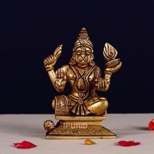 5" Brass Four-Handed Meditating Hanuman Idol | Sacred Dhyan Murti | Divine Temple Art