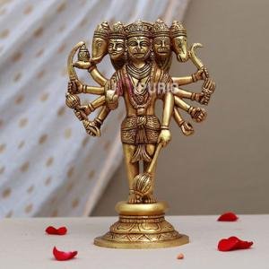 11.7 Inch Brass Panchmukhi Hanuman Idol - Pure Brass Five-Faced Hanuman Sculpture