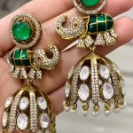 Jadau Kundan Elephant Jhumka: Mixed Stone Traditional Earrings | Moissanite & Green Stone Design | Pearl Drop Details | Gold Finish