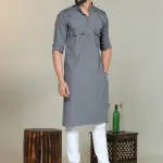 Steel Grey Short Collared Hunting Style Kurta Pajama Set for Men