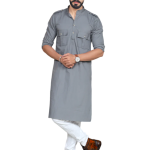 Steel Grey Short Collared Hunting Style Kurta Pajama Set for Men