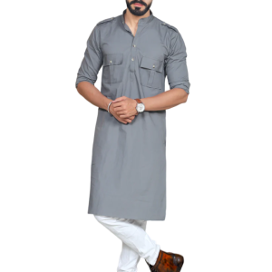 Steel Grey Short Collared Hunting Style Kurta Pajama Set for Men - Elite | Jaipurio