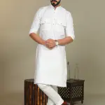 White Short Collared Hunting Style Kurta for Men | Outdoor Adventure Wear