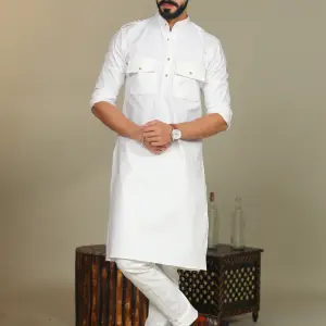 White Short Collared Hunting Style Kurta for Men | Outdoor Adventure Wear